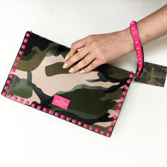 Valentino Rockstud Neon Pink Camo Clutch